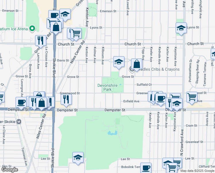 map of restaurants, bars, coffee shops, grocery stores, and more near 4422 Greenwood Street in Skokie