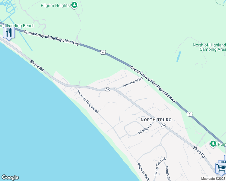 map of restaurants, bars, coffee shops, grocery stores, and more near 131 Shore Road in Provincetown