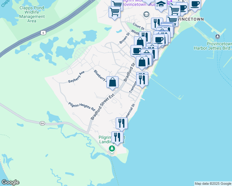 map of restaurants, bars, coffee shops, grocery stores, and more near 30 West Vine Street in Provincetown