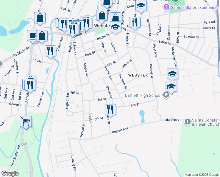 map of restaurants, bars, coffee shops, grocery stores, and more near 72 Myrtle Avenue in Webster