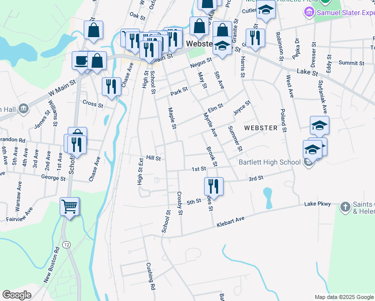 map of restaurants, bars, coffee shops, grocery stores, and more near 7 Mount Pleasant Street in Webster