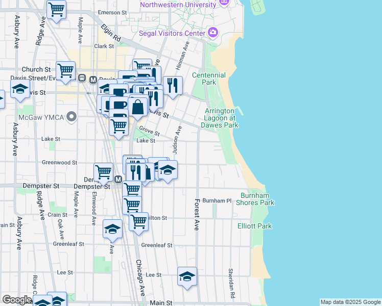 map of restaurants, bars, coffee shops, grocery stores, and more near 1426 Forest Avenue in Evanston