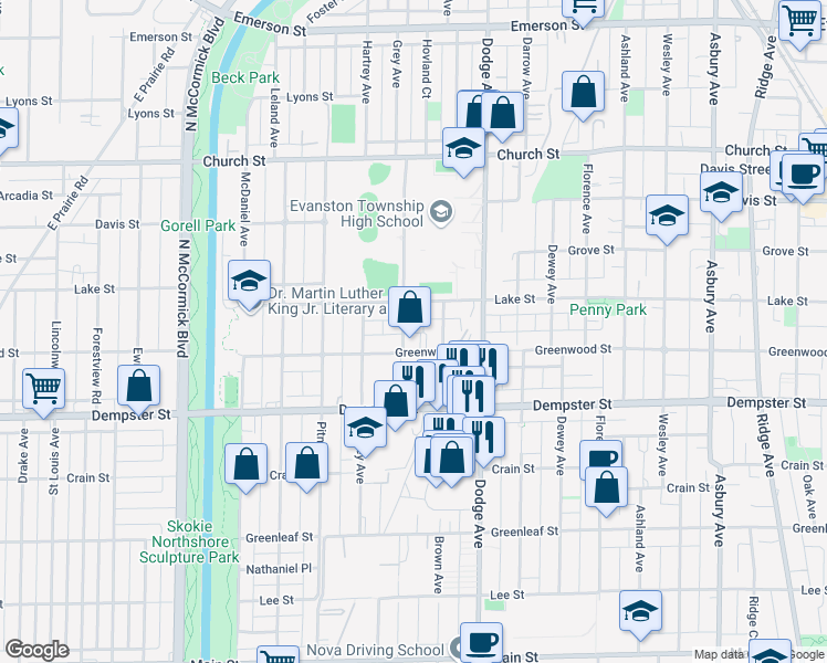 map of restaurants, bars, coffee shops, grocery stores, and more near 1419 Grey Avenue in Evanston