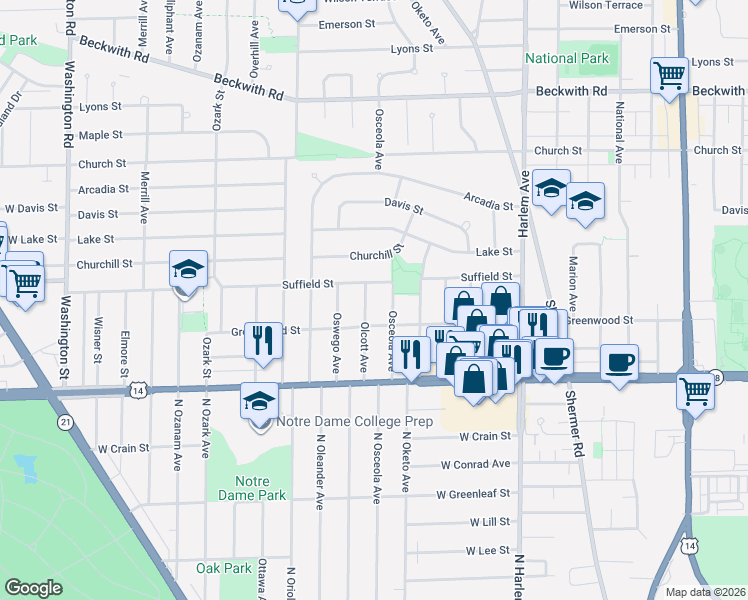 map of restaurants, bars, coffee shops, grocery stores, and more near 8924 Olcott Avenue in Morton Grove