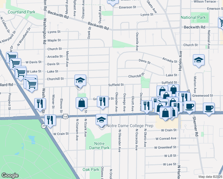 map of restaurants, bars, coffee shops, grocery stores, and more near 8929 Oriole Avenue in Morton Grove