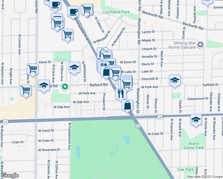 map of restaurants, bars, coffee shops, grocery stores, and more near 9002 North Milwaukee Avenue in Niles