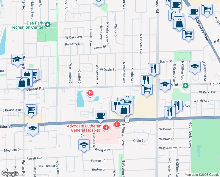 map of restaurants, bars, coffee shops, grocery stores, and more near 1650 Ballard Road in Park Ridge
