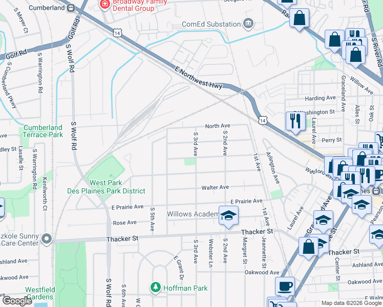 map of restaurants, bars, coffee shops, grocery stores, and more near 908 Woodlawn Avenue in Des Plaines