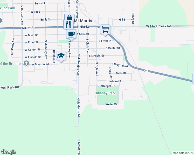map of restaurants, bars, coffee shops, grocery stores, and more near 401-499 S Ogle Ave in Mt Morris