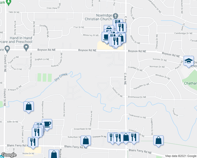 map of restaurants, bars, coffee shops, grocery stores, and more near 637 Broderick Drive Northeast in Cedar Rapids