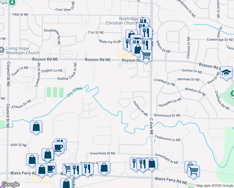 map of restaurants, bars, coffee shops, grocery stores, and more near 699 Broderick Dr NE in Cedar Rapids