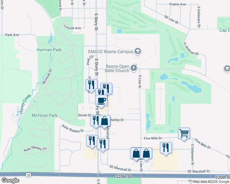 map of restaurants, bars, coffee shops, grocery stores, and more near 1052-1080 Marshall Street in Boone