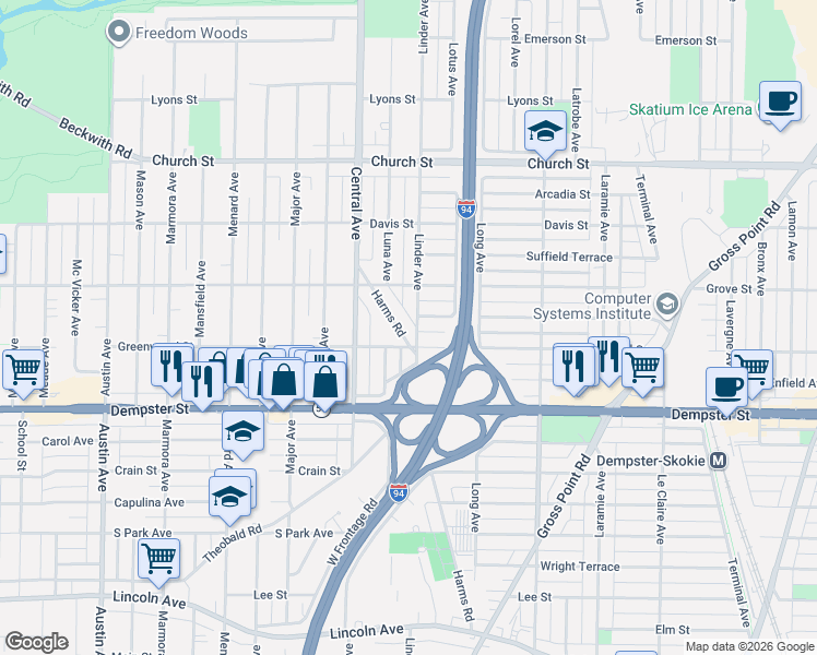 map of restaurants, bars, coffee shops, grocery stores, and more near 8920 Harms Road in Morton Grove