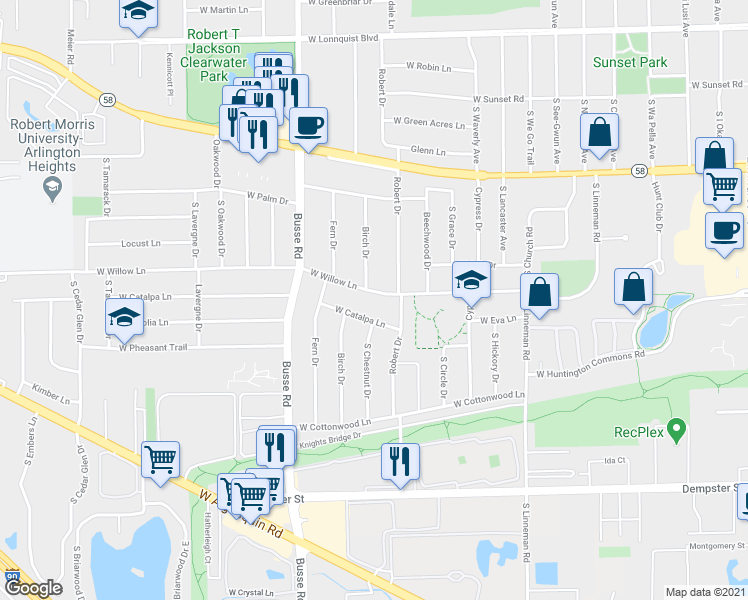 map of restaurants, bars, coffee shops, grocery stores, and more near 1407 West Willow Lane in Mount Prospect