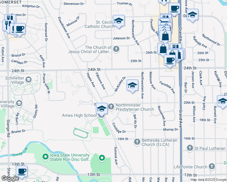 map of restaurants, bars, coffee shops, grocery stores, and more near 1407 McKinley Drive in Ames