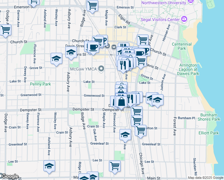 map of restaurants, bars, coffee shops, grocery stores, and more near 1422 Elmwood Avenue in Evanston