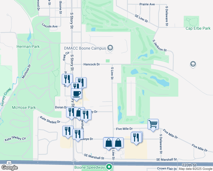 map of restaurants, bars, coffee shops, grocery stores, and more near 1127 South Linn Street in Boone