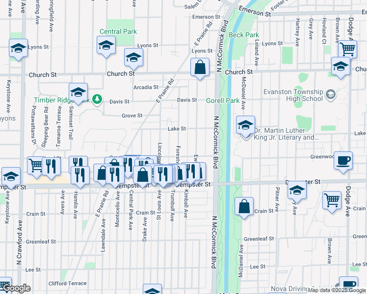 map of restaurants, bars, coffee shops, grocery stores, and more near 8921 Forestview Road in Evanston