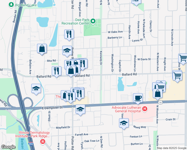 map of restaurants, bars, coffee shops, grocery stores, and more near 9104 N Lincoln Dr in Des Plaines