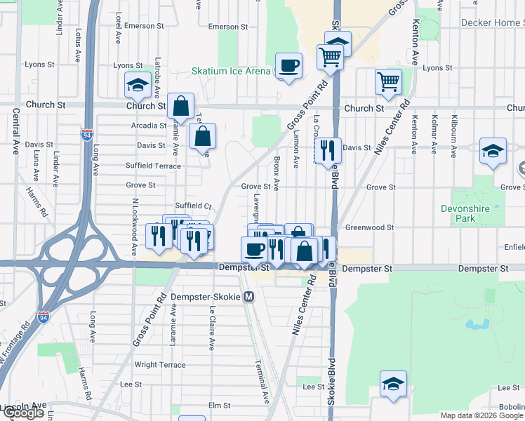 map of restaurants, bars, coffee shops, grocery stores, and more near 8923 Lavergne Avenue in Skokie