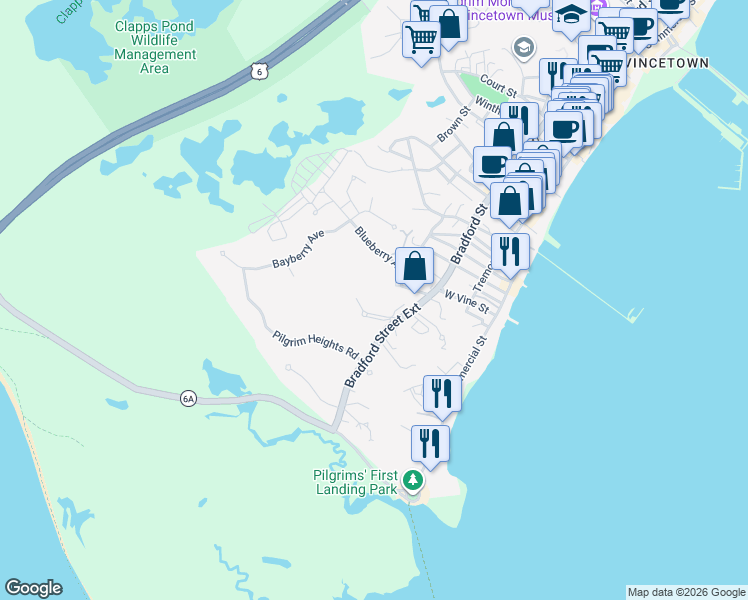 map of restaurants, bars, coffee shops, grocery stores, and more near 112R Bradford Street Extension in Provincetown