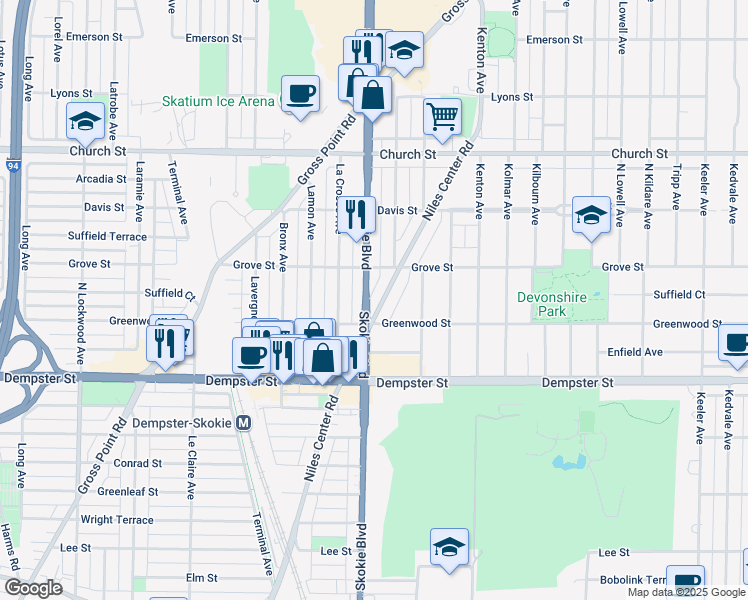 map of restaurants, bars, coffee shops, grocery stores, and more near 8920 Niles Center Road in Skokie