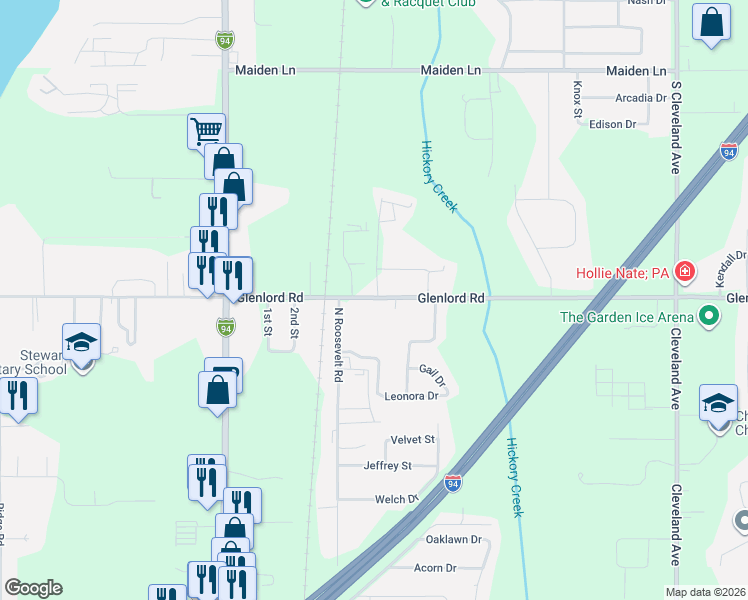 map of restaurants, bars, coffee shops, grocery stores, and more near 2248 West Glenlord Road in Stevensville