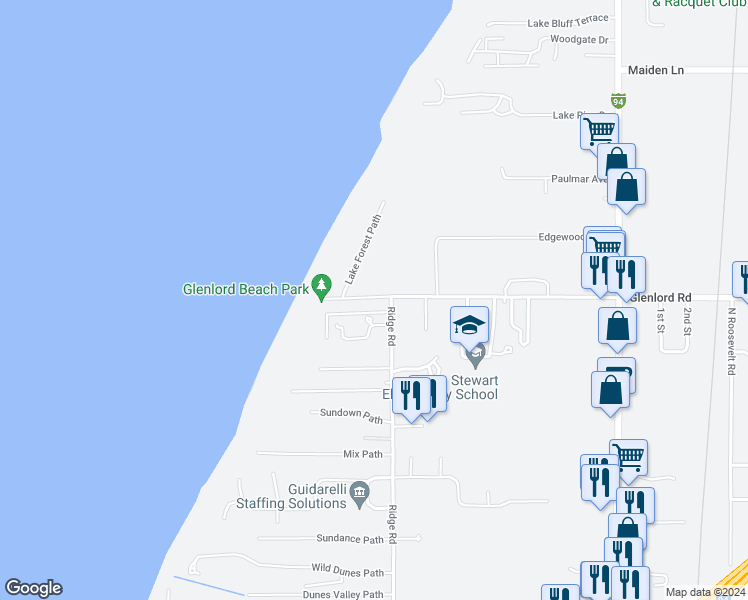 map of restaurants, bars, coffee shops, grocery stores, and more near 2928 Glenlord Road in Stevensville