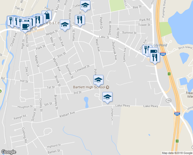 map of restaurants, bars, coffee shops, grocery stores, and more near 41 Poland Street in Webster