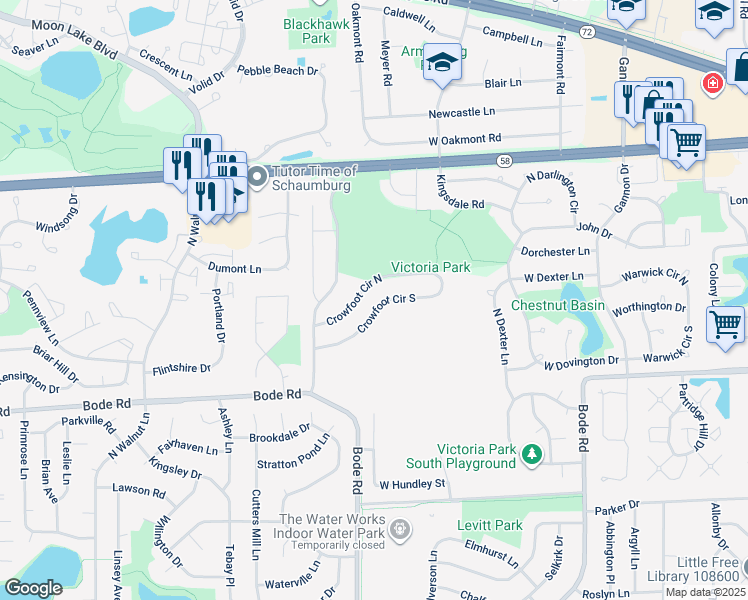 map of restaurants, bars, coffee shops, grocery stores, and more near 1550 Crowfoot Circle North in Hoffman Estates