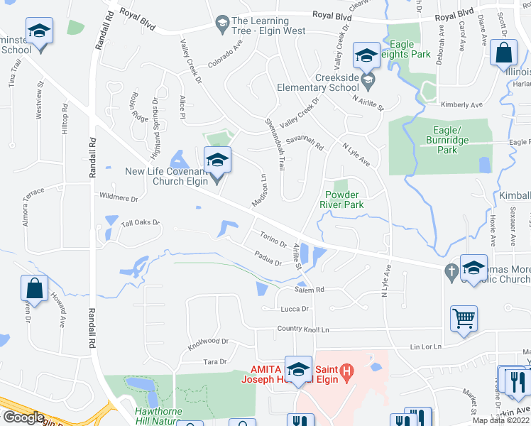 map of restaurants, bars, coffee shops, grocery stores, and more near 36W460 Highland Avenue in Elgin