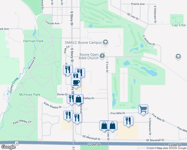 map of restaurants, bars, coffee shops, grocery stores, and more near 1219 South Linn Street in Boone