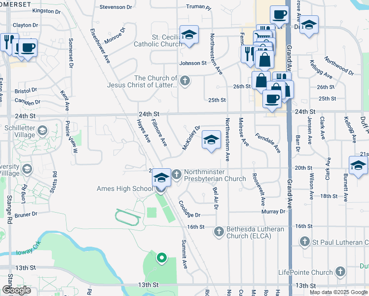 map of restaurants, bars, coffee shops, grocery stores, and more near 1400 McKinley Drive in Ames