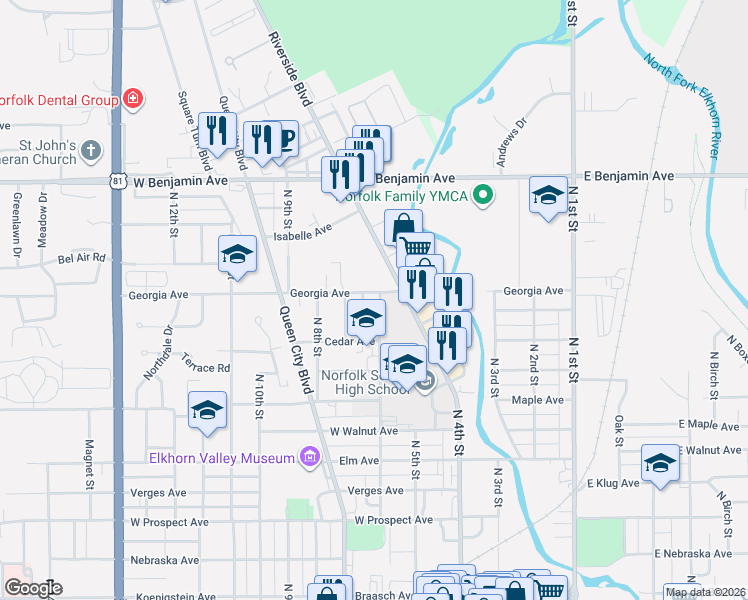 map of restaurants, bars, coffee shops, grocery stores, and more near 601-649 Georgia Avenue in Norfolk