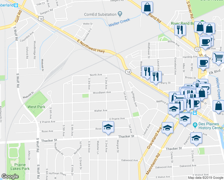 map of restaurants, bars, coffee shops, grocery stores, and more near 1028 Woodlawn Avenue in Des Plaines