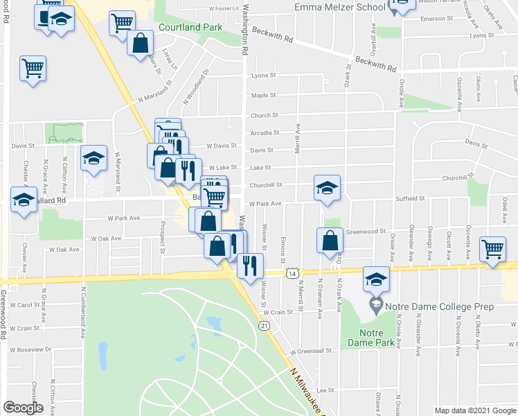 map of restaurants, bars, coffee shops, grocery stores, and more near 8944 North Wisner Street in Niles