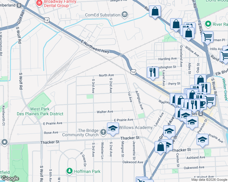 map of restaurants, bars, coffee shops, grocery stores, and more near 1014 Woodlawn Avenue in Des Plaines