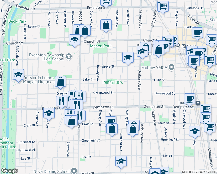 map of restaurants, bars, coffee shops, grocery stores, and more near 1413 Florence Avenue in Evanston