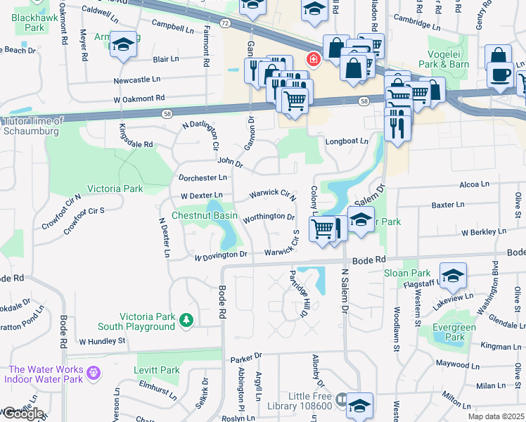 map of restaurants, bars, coffee shops, grocery stores, and more near 1100 Worthington Drive in Hoffman Estates