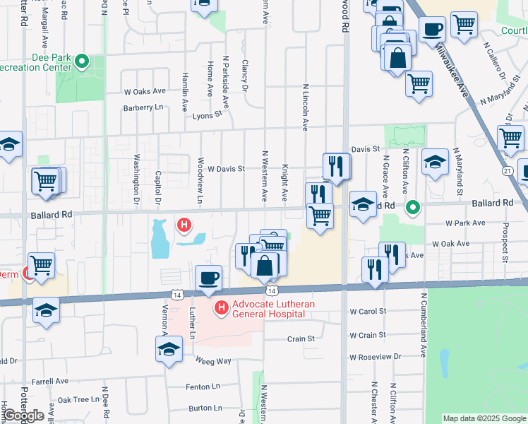 map of restaurants, bars, coffee shops, grocery stores, and more near 1901 Ballard Road in Des Plaines