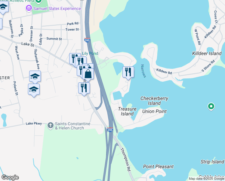 map of restaurants, bars, coffee shops, grocery stores, and more near 1405 Treasure Island Road in Webster
