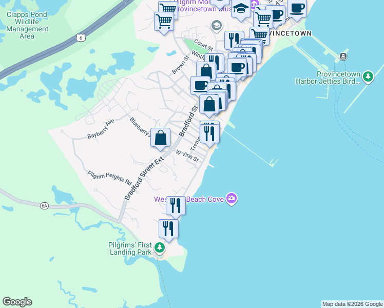 map of restaurants, bars, coffee shops, grocery stores, and more near 26 Tremont Street in Provincetown