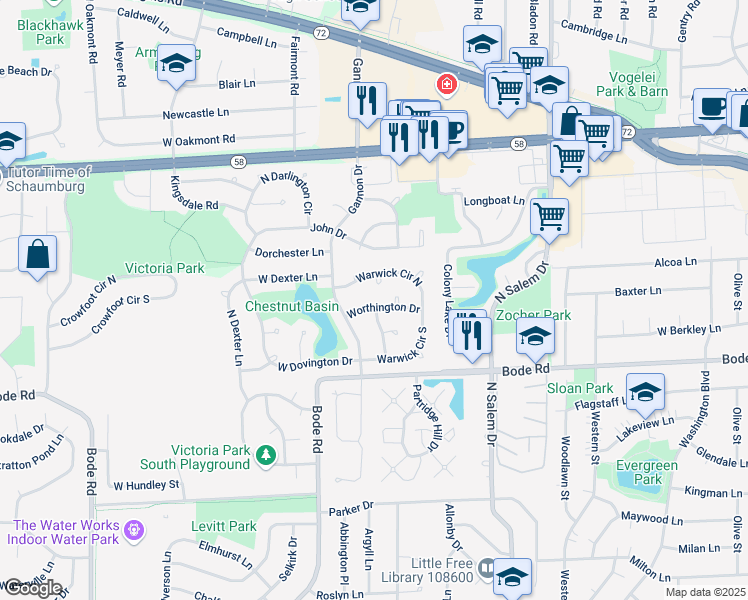 map of restaurants, bars, coffee shops, grocery stores, and more near 1100 Worthington Drive in Hoffman Estates