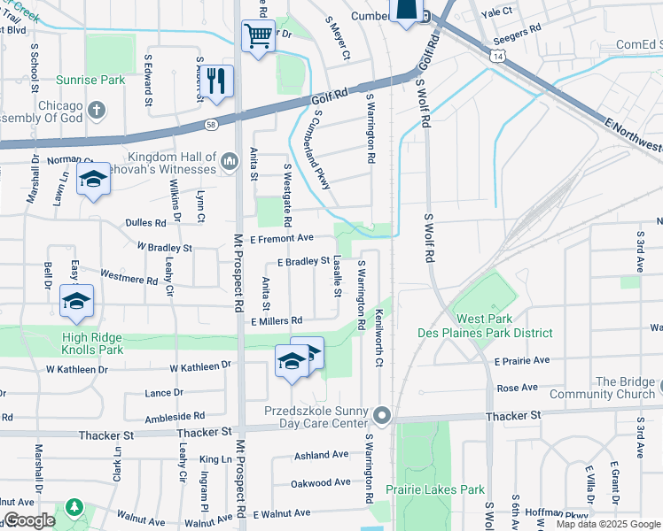 map of restaurants, bars, coffee shops, grocery stores, and more near 161 East Bradley Street in Des Plaines