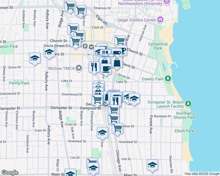 map of restaurants, bars, coffee shops, grocery stores, and more near 1420 Chicago Avenue in Evanston