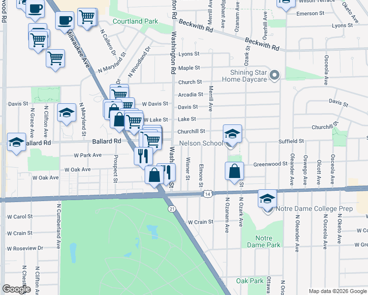 map of restaurants, bars, coffee shops, grocery stores, and more near 8944 North Wisner Street in Niles
