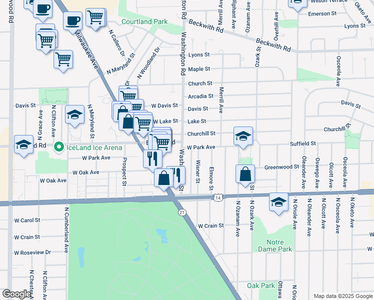 map of restaurants, bars, coffee shops, grocery stores, and more near 8944 North Wisner Street in Niles