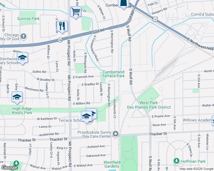 map of restaurants, bars, coffee shops, grocery stores, and more near 509 South Warrington Road in Des Plaines