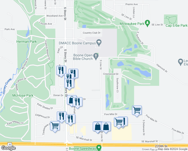 map of restaurants, bars, coffee shops, grocery stores, and more near 1127 South Linn Street in Boone