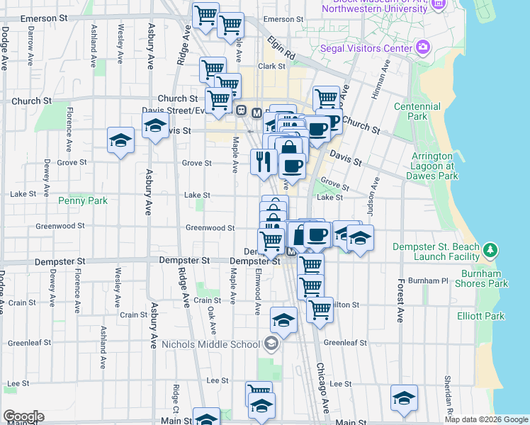 map of restaurants, bars, coffee shops, grocery stores, and more near 1419 Elmwood Avenue in Evanston
